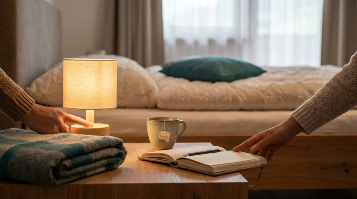 Gemütliche Abendszene – eine Hand dreht eine Lampe aus, Teetasse, Journal, warmes Licht