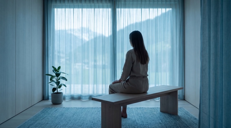 Ruhige Szene mit sanftem blau-tealfarbenem Licht – Symbol für Erholung und inneren Reset