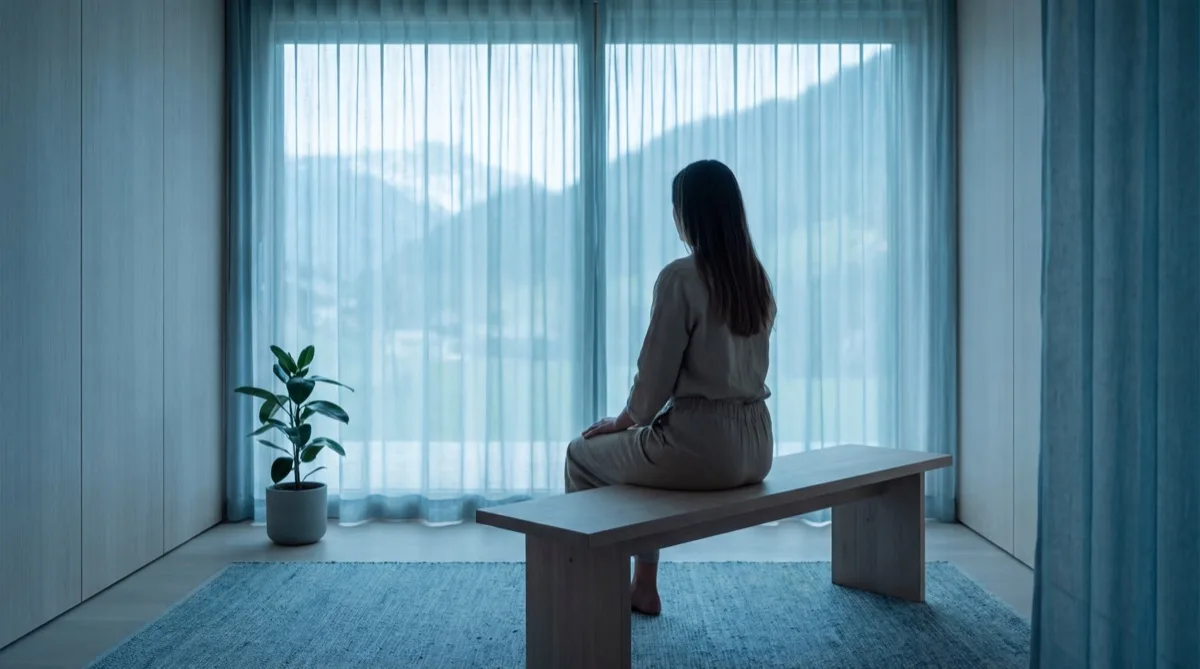 Ruhige Szene mit sanftem blau-tealfarbenem Licht – Symbol für Erholung und inneren Reset