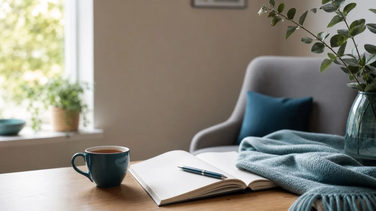 Ruhige Coaching-Szene mit offenem Notizbuch, Tee und weichem Licht als Symbol für frühe Unterstützung und innere Klarheit