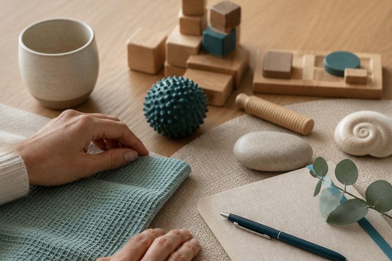 Ruhige Szene mit ergotherapeutischen Materialien, Tuch, Notizbuch und blauen Akzenten als Verbindung von Körper, Alltag und innerer Ruhe