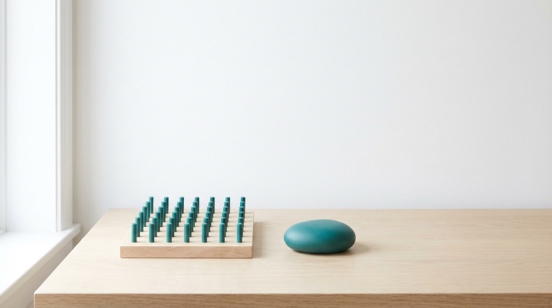 Therapiebrett mit Tealstiften und Meditationsstein nebeneinander – Verbindung von Körper und Geist