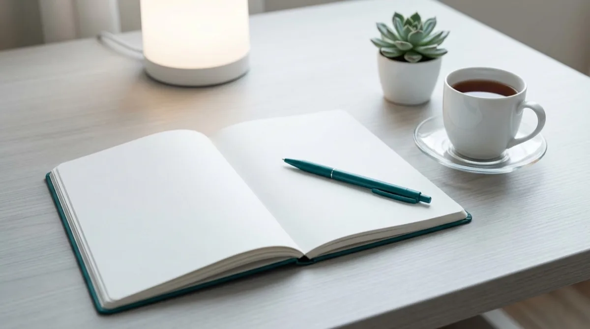 Offenes Notizbuch mit Tealstift auf einem ruhigen Schreibtisch – entspannte Prüfungsvorbereitung