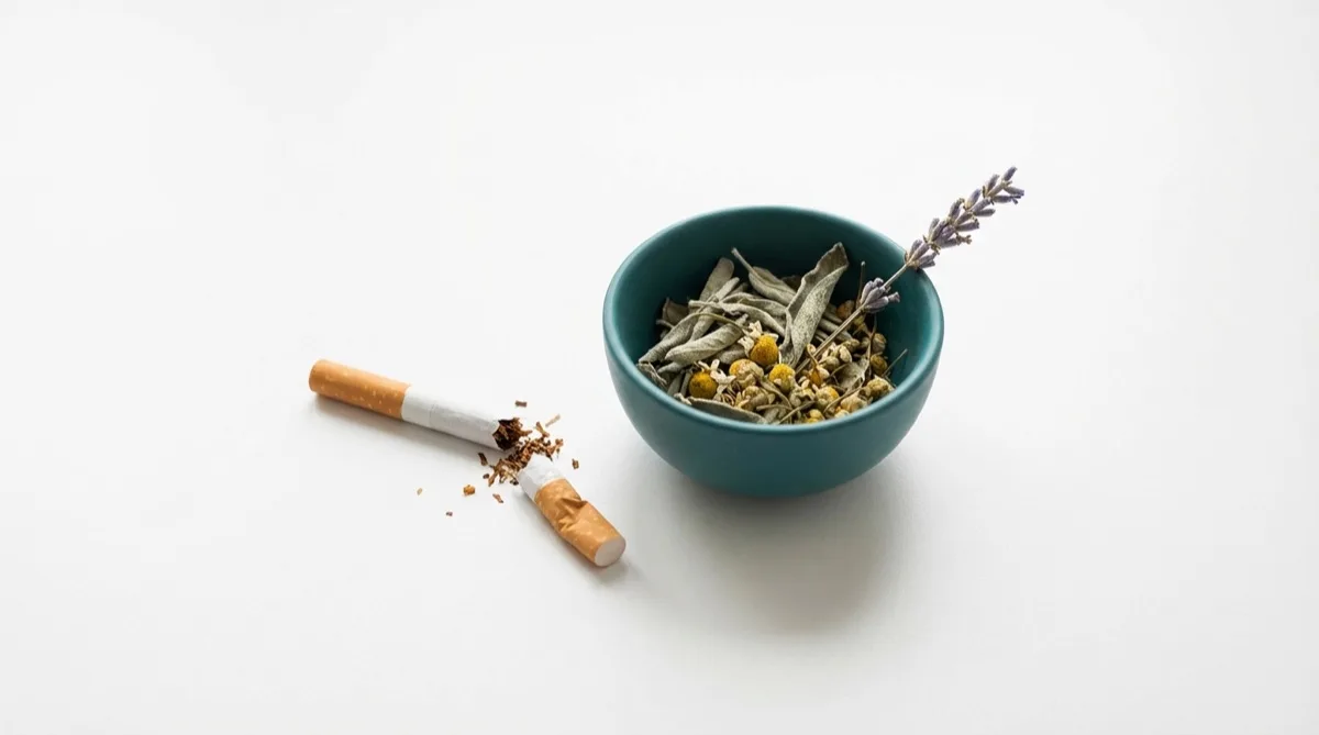 Zerbrochene Zigarette neben einer kleinen Keramikschale mit Kräutern – Raucherentwöhnung