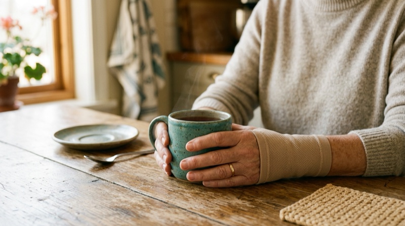 Hände halten behutsam eine Tasse auf einem Holztisch – Ergotherapie bei Rheumatoider Arthritis