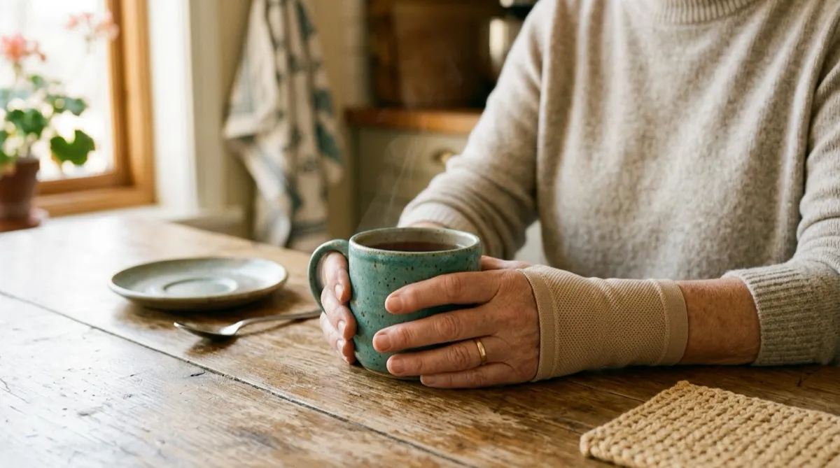 Hände halten behutsam eine Tasse auf einem Holztisch – Ergotherapie bei Rheumatoider Arthritis