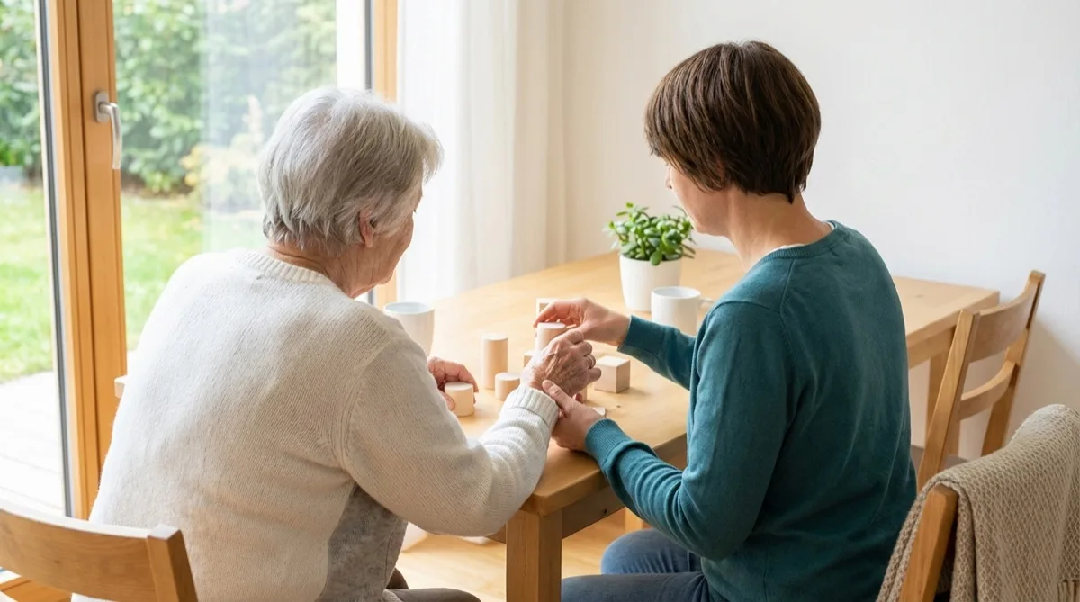 Person in Teal-Oberteil unterstützt ältere Person bei Rehabilitationsübungen – Ergotherapie nach Schlaganfall
