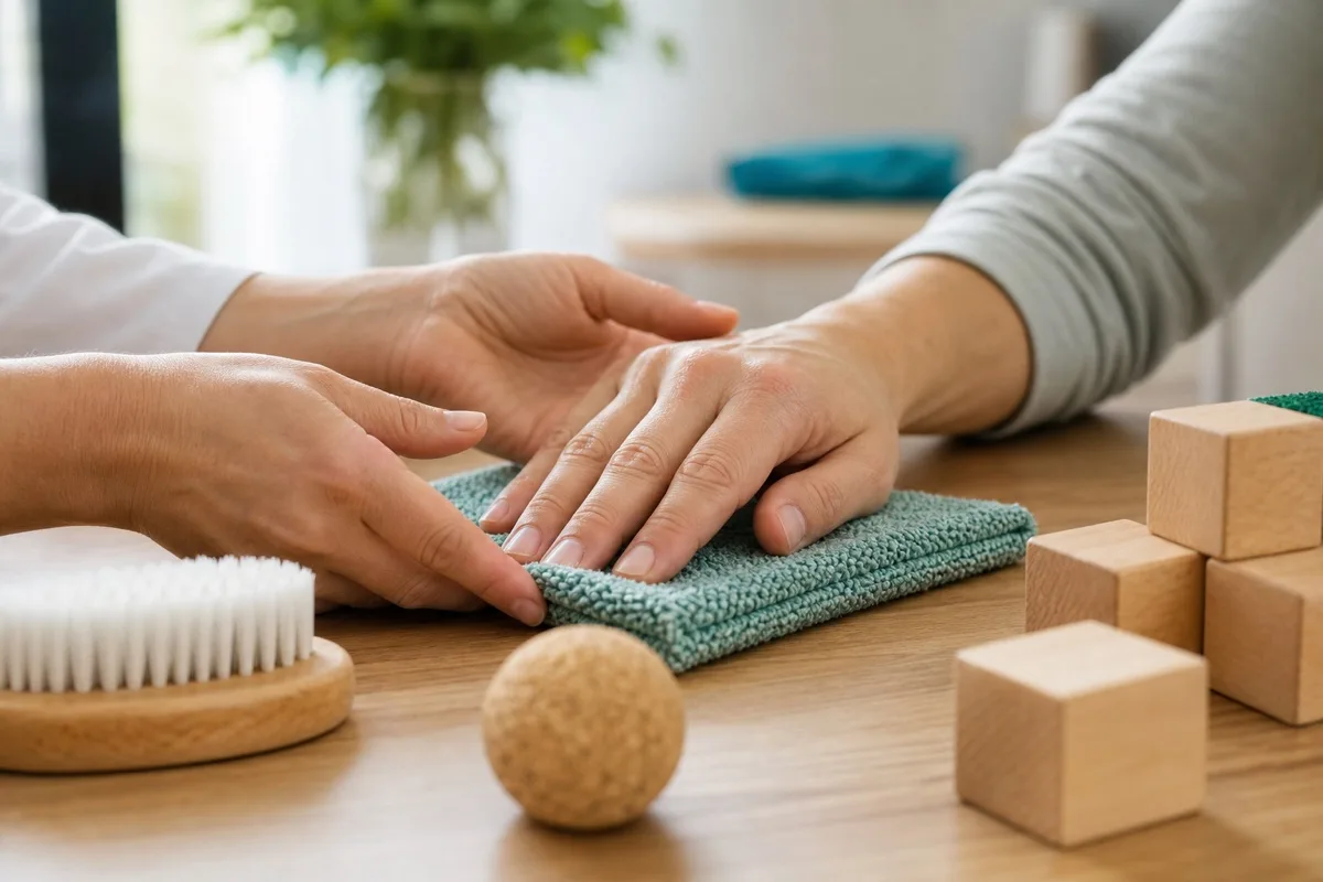 Ergotherapeutische Übung zur Wahrnehmung nach Schlaganfall mit Händen, Tuch, Bürste und Holzklötzen