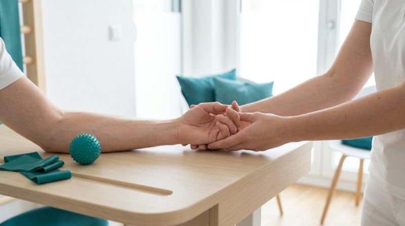 Ruhige therapeutische Alltagsszene mit Fokus auf Arm- und Handfunktion – Ergotherapie bei Spastik